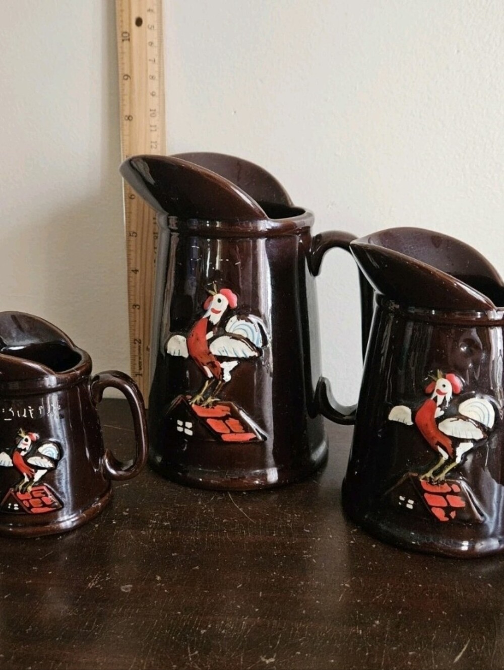 Vintage 1950s Redware Rooster Pitcher Set (3). Batter, Syrup, Butter Kitsch.